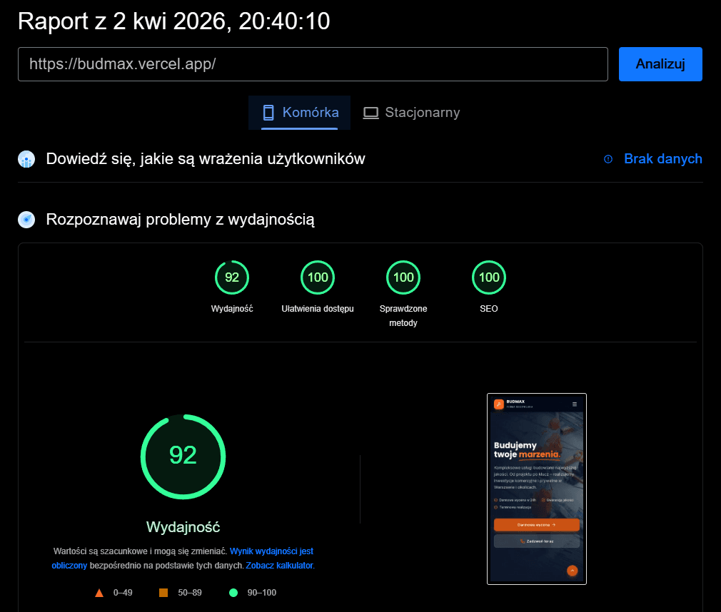 Web Vitals BudMax na urządzeniach mobilnych