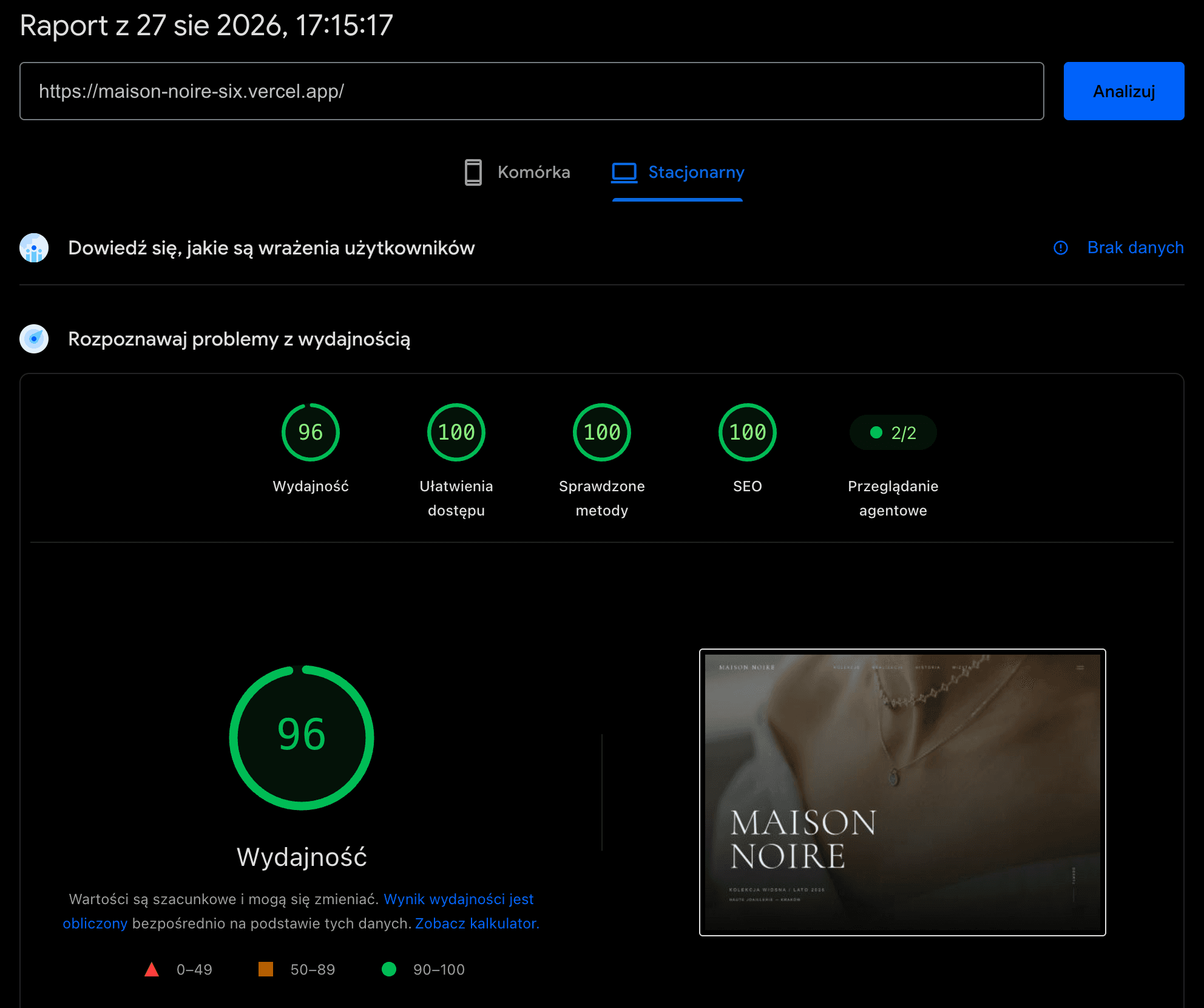 Maison Noire – Web Vitals na komputerach
