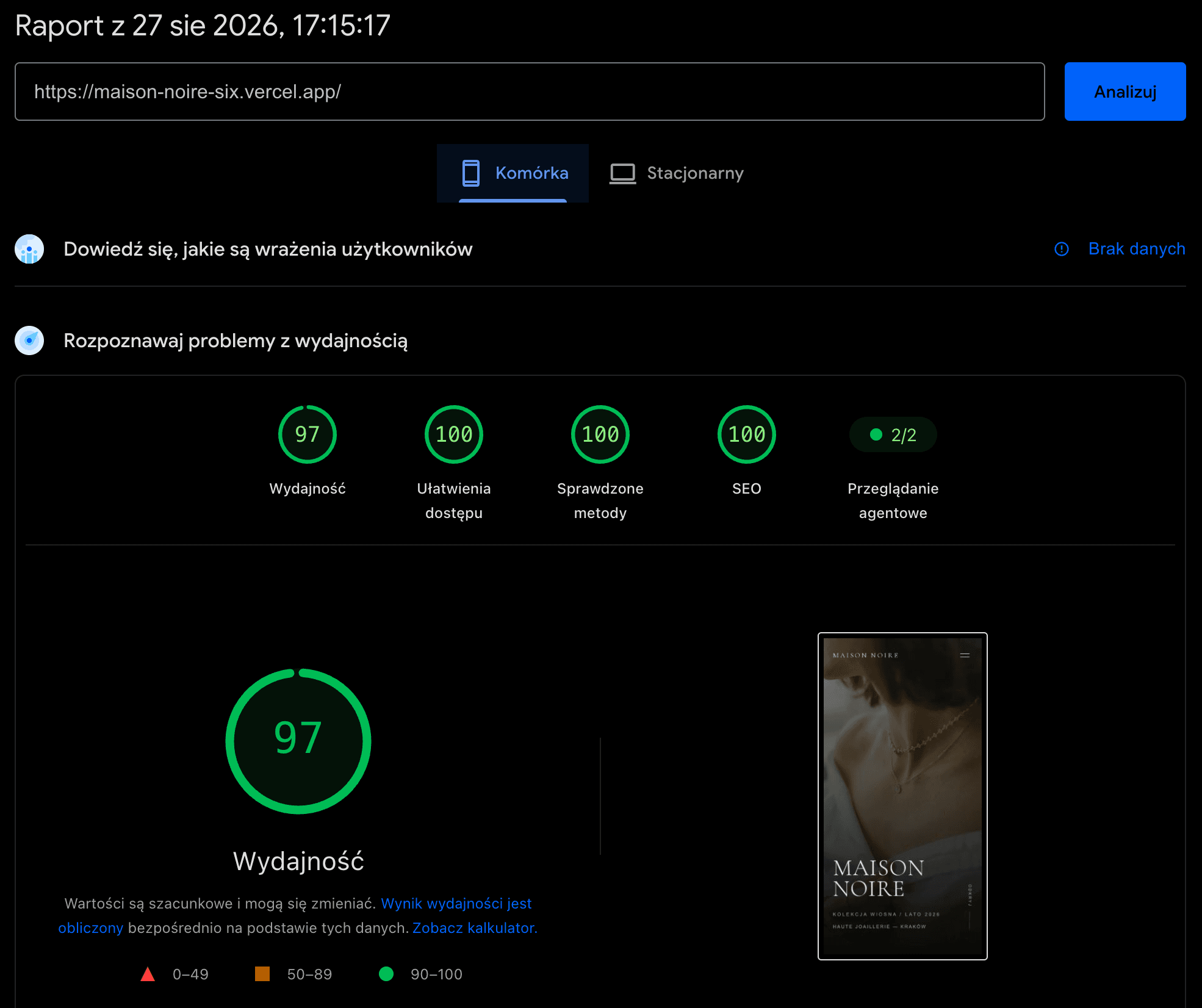 Maison Noire – Web Vitals na urządzeniach mobilnych