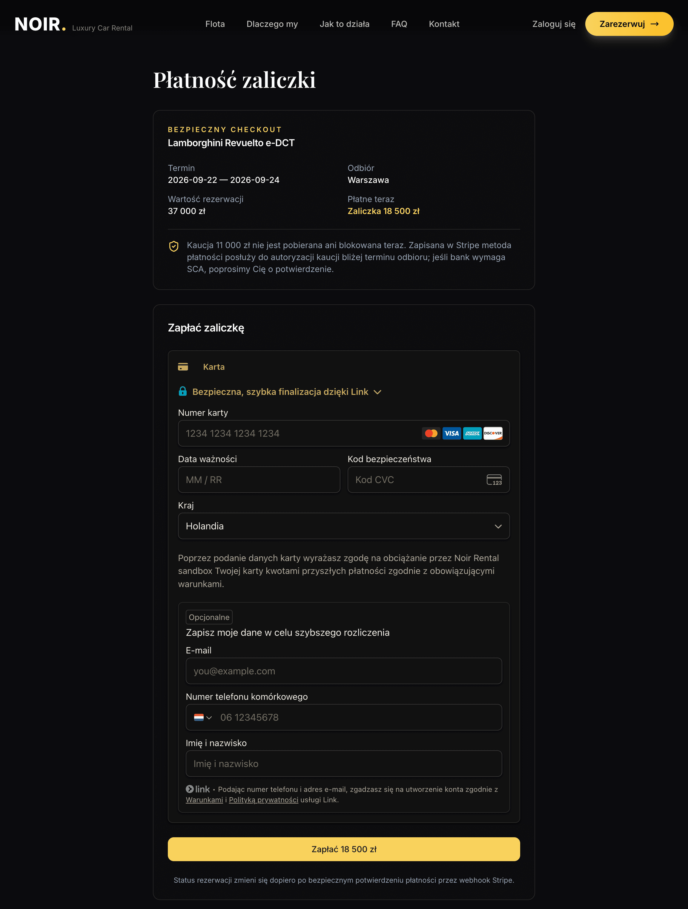 Proces checkout NOIR Rental z płatnością Stripe