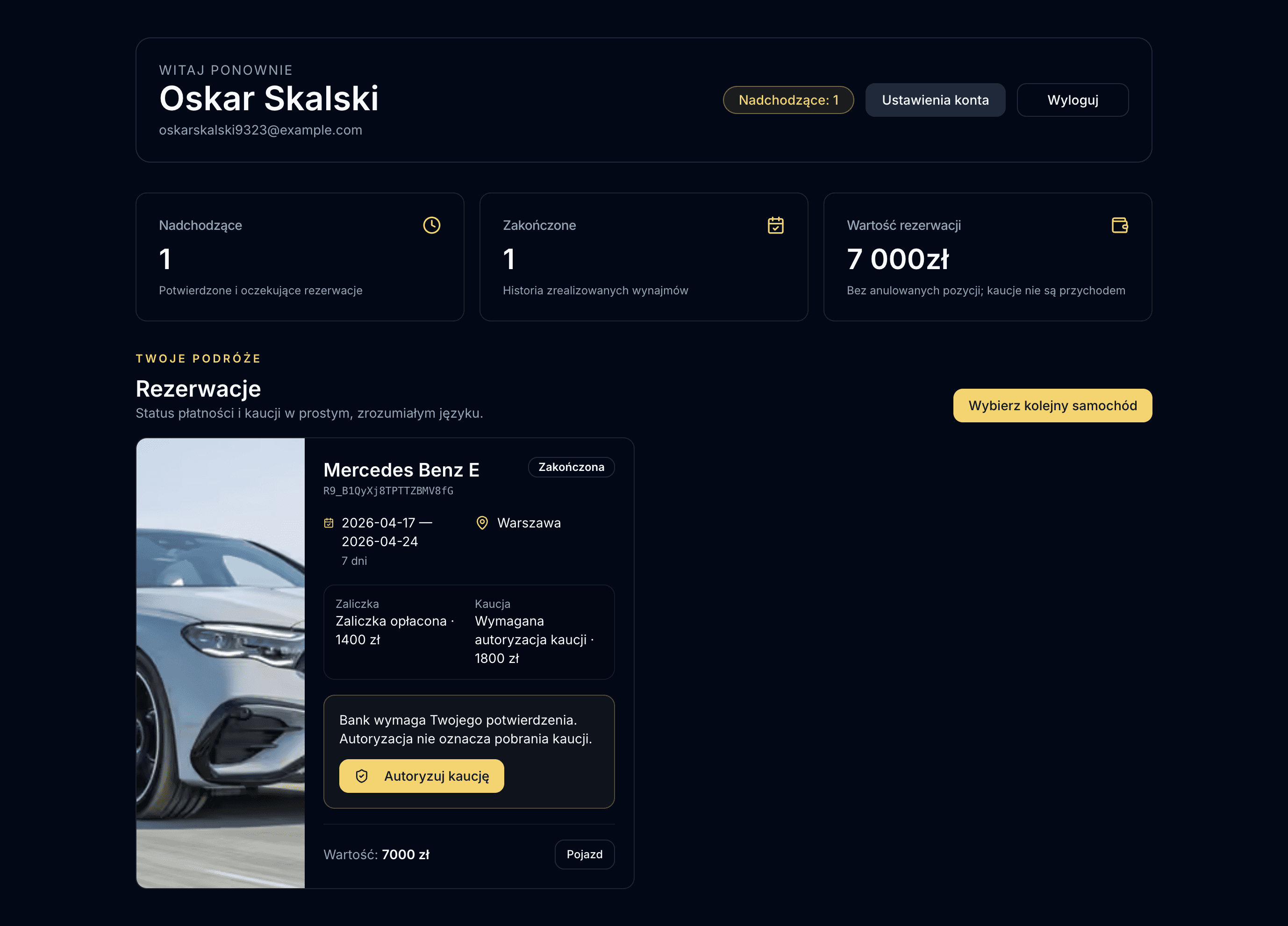 Portal klienta NOIR Rental z autoryzacją kaucji