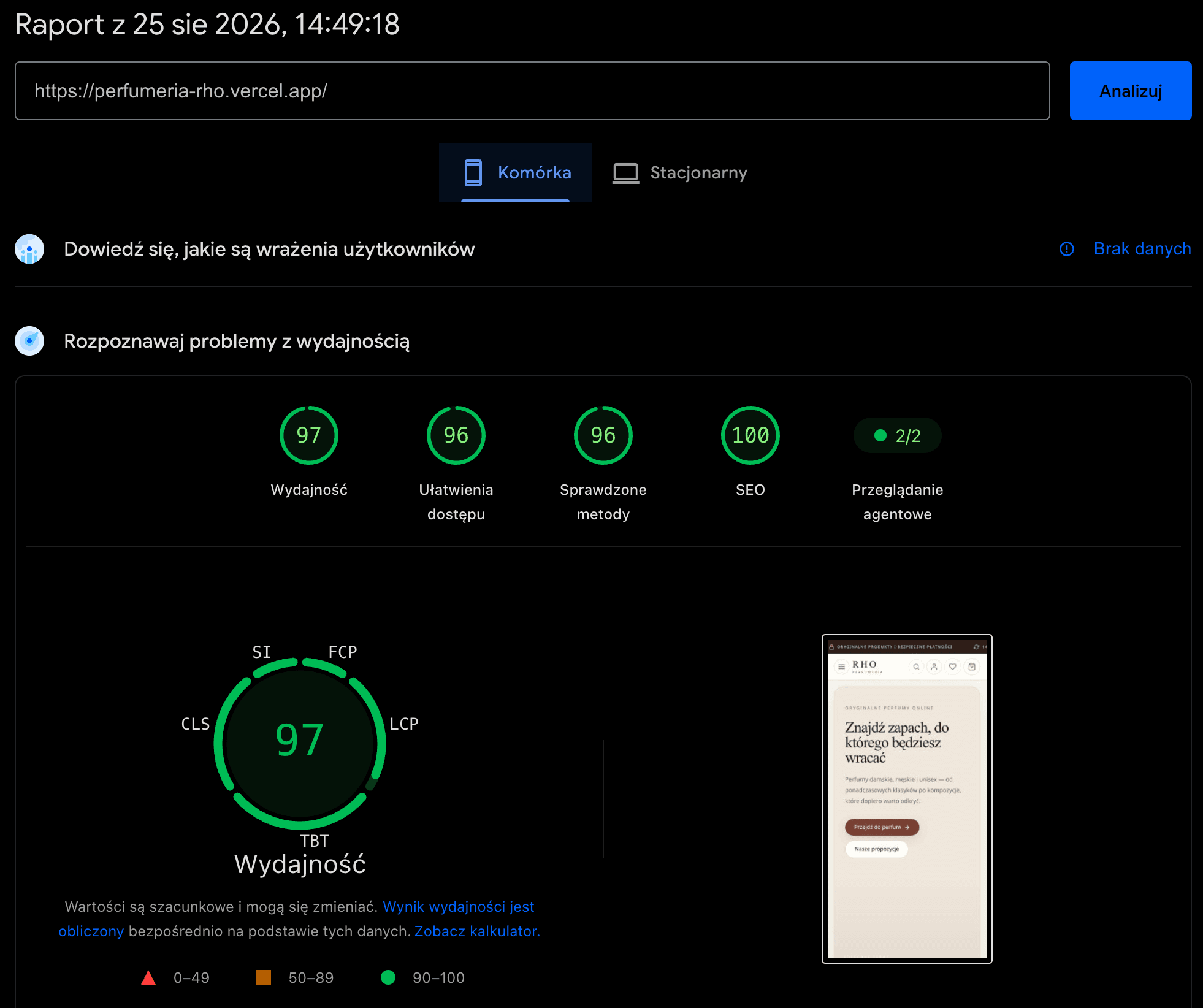 Web Vitals Perfumeria RHO na urządzeniach mobilnych