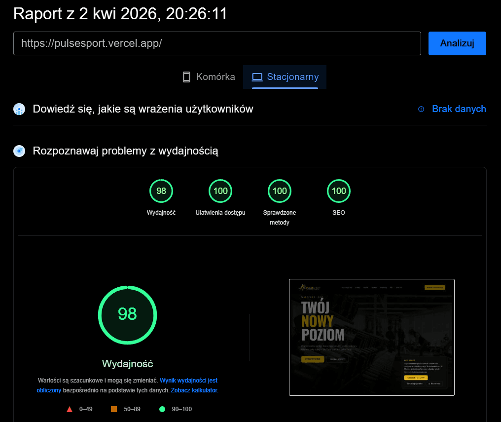 Web Vitals PulseSport na komputerach