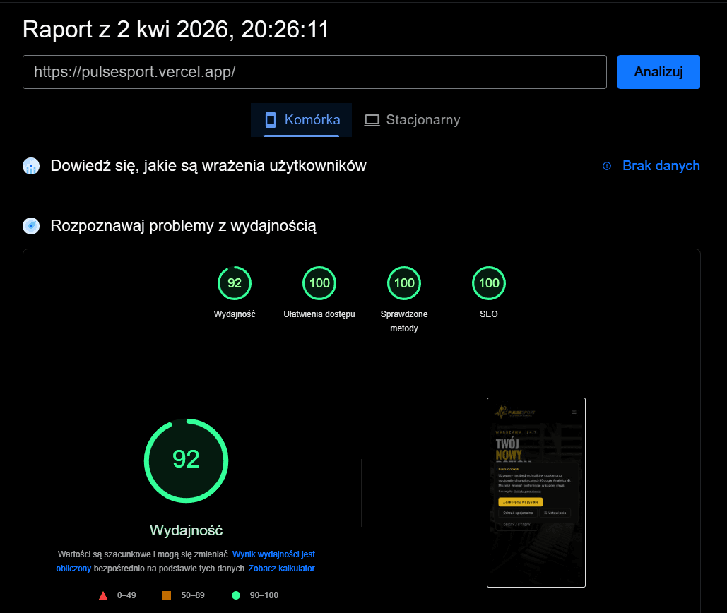 Web Vitals PulseSport na urządzeniach mobilnych