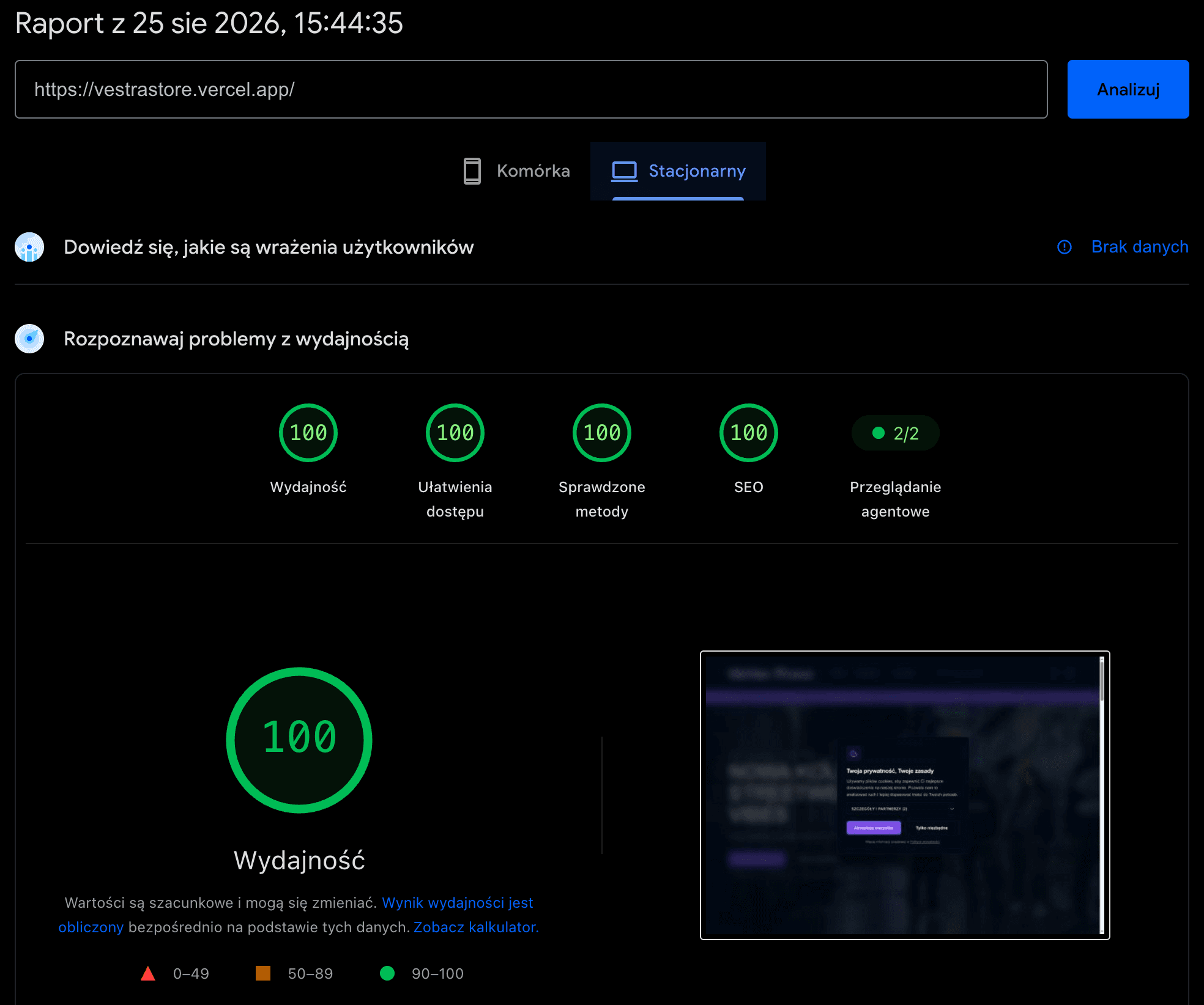 Web Vitals Vestra Studio na komputerach