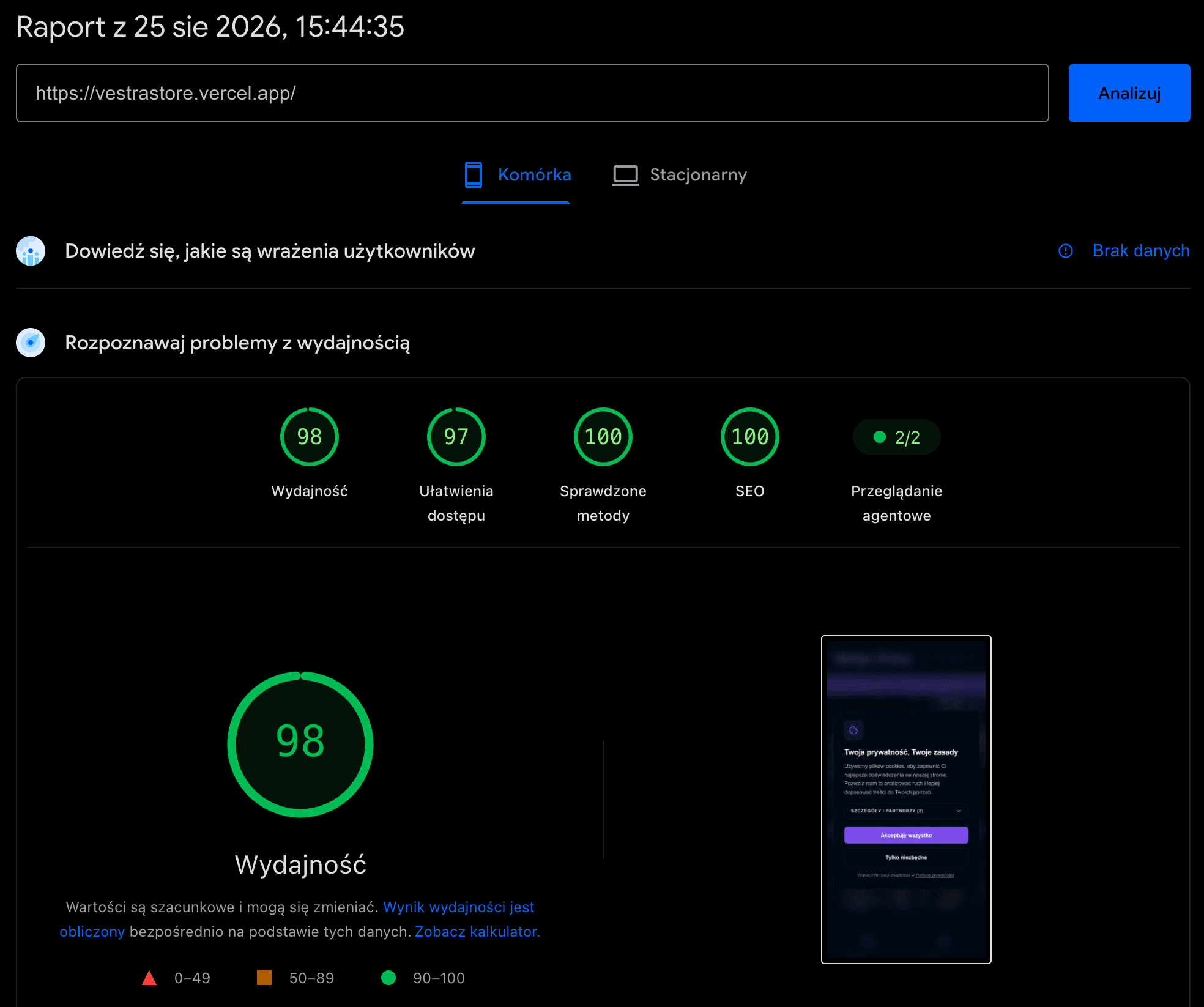 Web Vitals Vestra Studio na urządzeniach mobilnych
